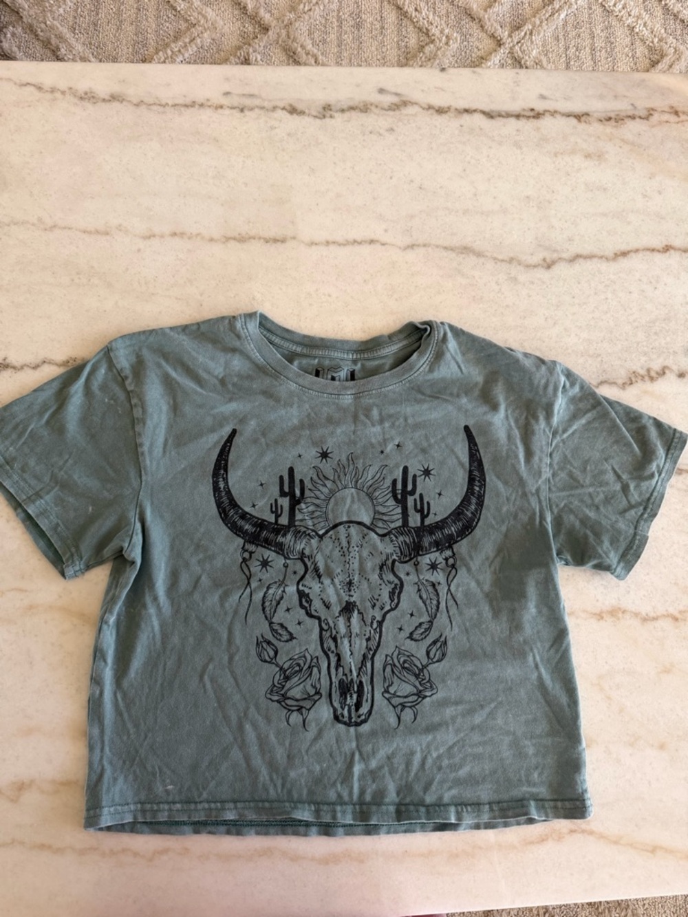 Western Skull Graphic Crop Tee - Sage Green